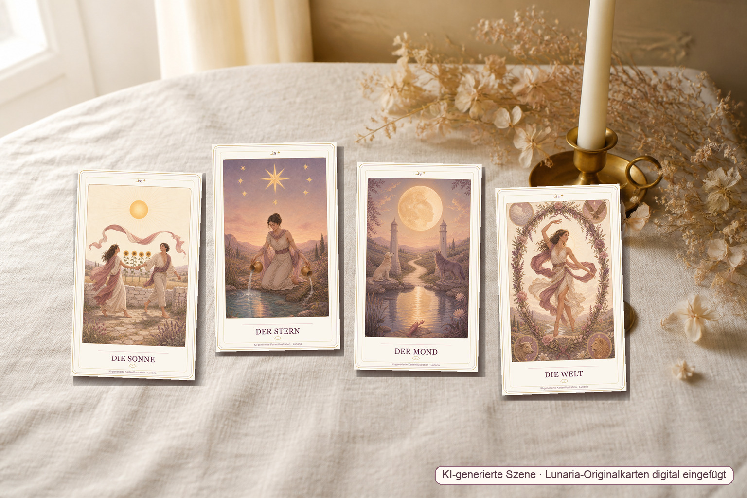 Vier Lunaria-Tarotkarten – Die Sonne, Der Stern, Der Mond und Die Welt – auf hellem Leinen mit Kerze und getrockneten Blüten.