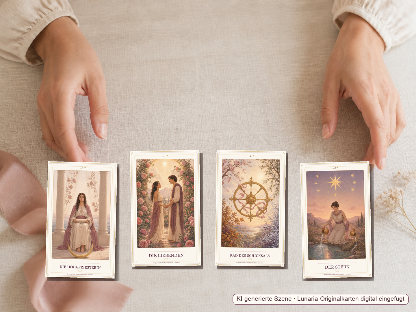 Hände legen vier Lunaria-Tarotkarten auf cremefarbenem Leinen.