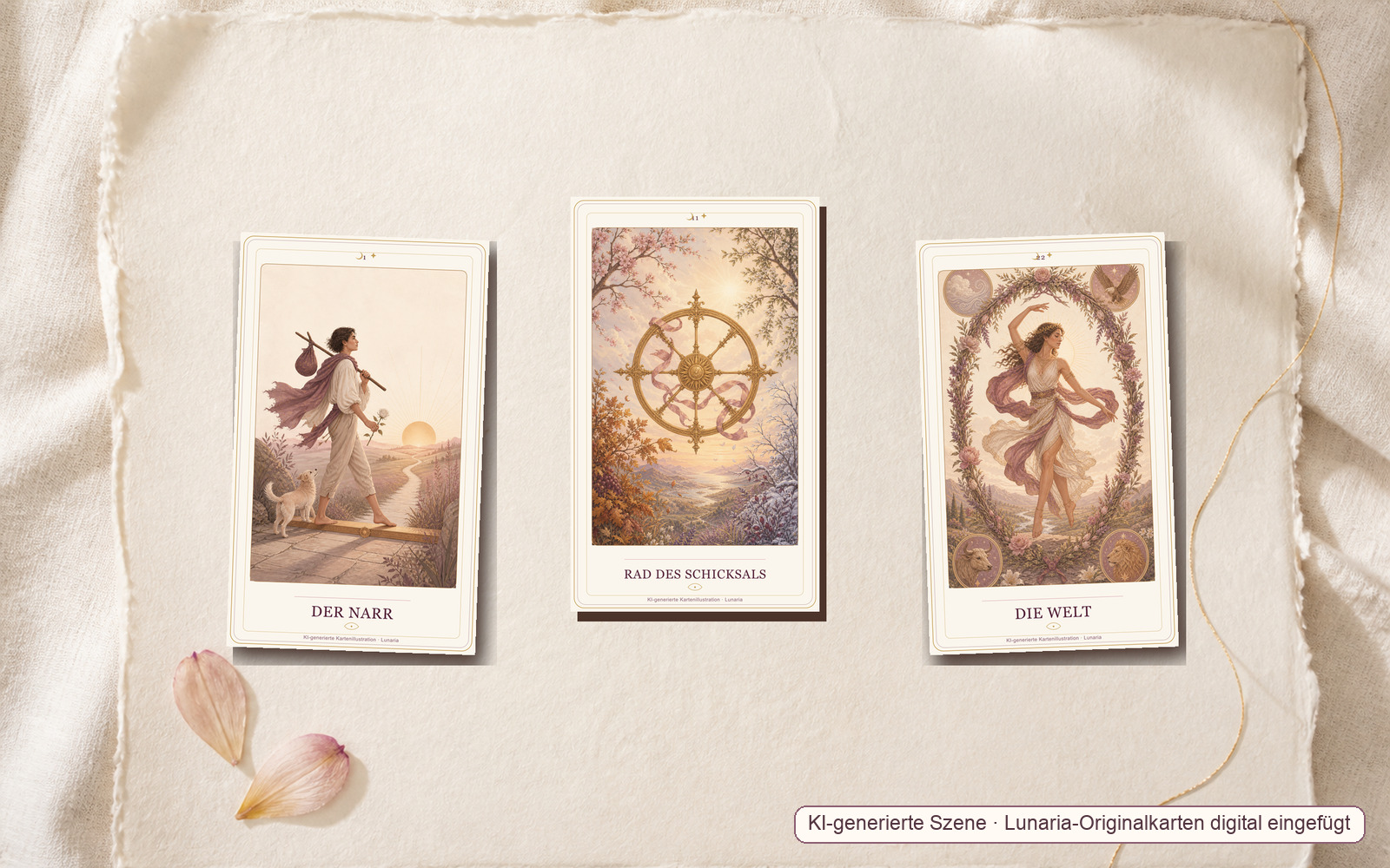 Drei geordnete Lunaria-Tarotkarten auf hellem Papier: Der Narr, Rad des Schicksals und Die Welt.