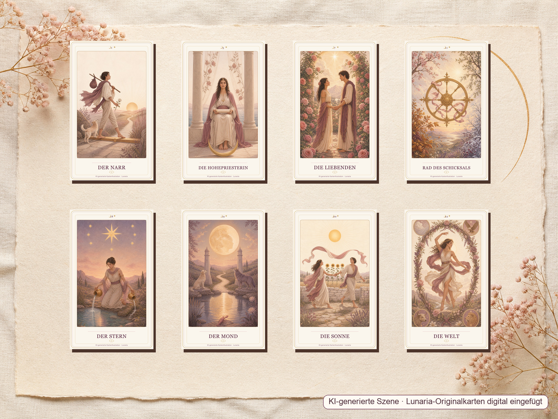 Acht ausgewählte Karten des Lunaria-Tarotdecks in einer hellen Galerieanordnung.